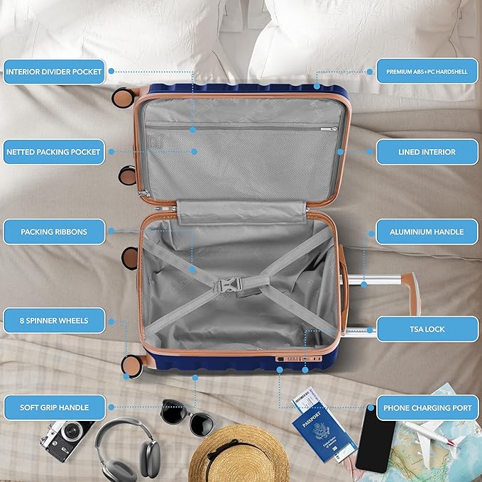 Flight Knight 21.5x15.5x9 Expandable Carry On Suitcase Hardside TSA Lock & USB C Port Lightweight Luggage Silent Double Spinner Wheels Maximum Canada Air Overhead Bag Airlines Approved Navy/Tan
