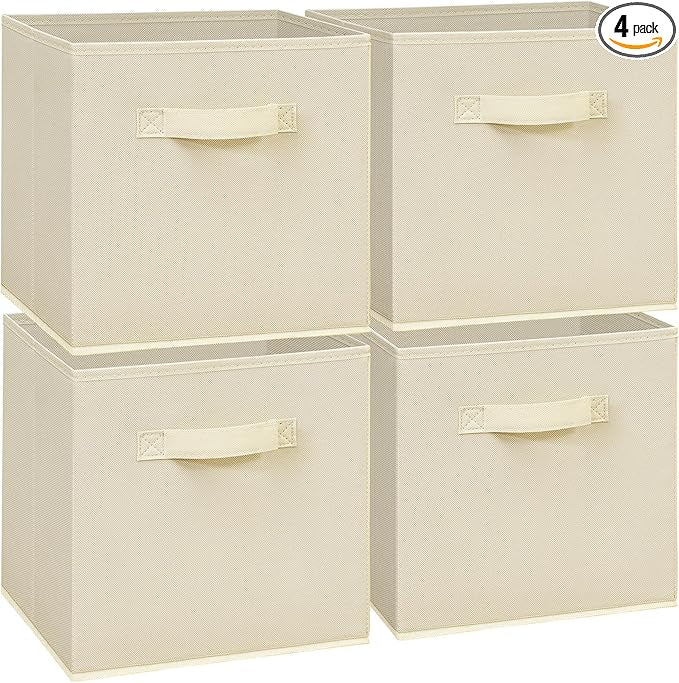 11 Inch Fabric Storage Cubes, Sturdy Foldable Storage Bins, Heavy Duty Cube Organizer for Clothes, Blankets, Shelves, Closets, Bedroom, Living Room, Beige, 4 Pack
