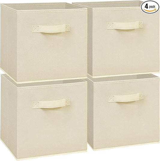 11 Inch Fabric Storage Cubes, Sturdy Foldable Storage Bins, Heavy Duty Cube Organizer for Clothes, Blankets, Shelves, Closets, Bedroom, Living Room, Beige, 4 Pack