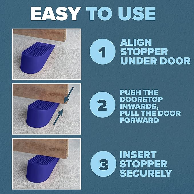 Large Rubber Door Stopper Made in USA - Door Stop Wedge for Carpet, Tile, or Concrete Floor, Door stoppers for Bottom of Door -Heavy Duty for Commercial & Home Use - 6.5 x 2.75 x 1.9 Inches Blue 2PK