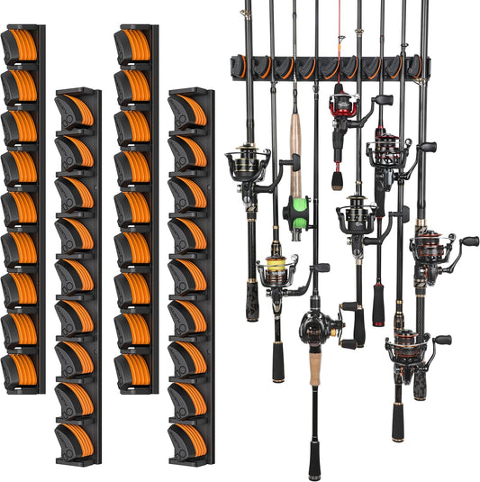 PLUSINNO V9 Vertical Fishing Rod Holders, Wall Mount 4-Pack - Holds 36 Rods, Diameter 3-19mm