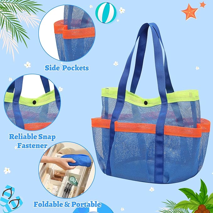 Mesh Beach Bag, Foldable Waterproof Sandproof Beach Storage Tote with 6 Pockets, Swim Tropical Vacation Pool Essential
