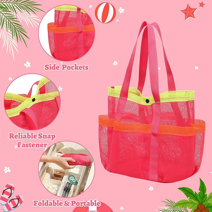 Mesh Beach Bag, Foldable Waterproof Sandproof Beach Storage Tote with 6 Pockets, Swim Tropical Vacation Pool Essential