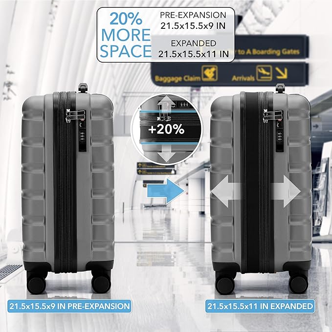 Flight Knight 21.5x15.5x9 Expandable Carry On Suitcase Hardside TSA Lock & USB C Port Lightweight Luggage Silent Double Spinner Wheels Maximum Canada Air Overhead Bag Airlines Approved Charcoal