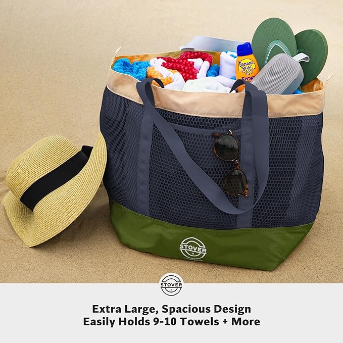 STOVER Extra Large Mesh Beach Bag, Vacation, Pool, Shopping & Travel Tote - Foldable w/Storage Pouch & Pockets for Women, Men