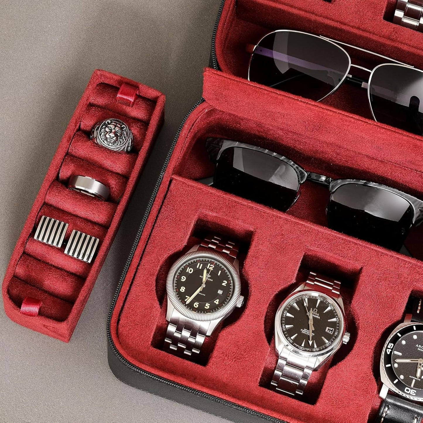 ROTHWELL 8 Watch Travel Case Storage Organizer for 8 Watches, Sunglasses, Rings & Cufflinks |Tough Portable Protection with Zipper Fits Most Wristwatches & Smart Watches Up to 50mm (Black/Red)