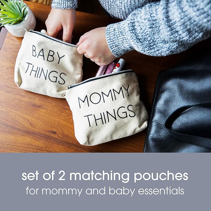 Pearhead Mommy and Baby Things Pouch Set, Canvas Zipper Organizer Bags for Diaper Bag and Travel, Cosmetic and Makeup Bag for Mom
