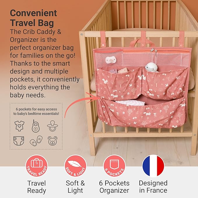 BabyToLove Crib & Caddy Organizer | Portable Hanging Storage for Diapers, Toys & Baby Care Items | Pink Forest