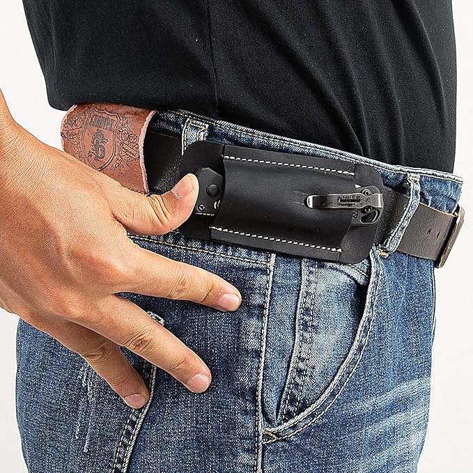 Knife Sheath,Leather Knife Sheath for Belt,Horizontal Carry Pocket Knife Holder,EDC Belt Organizer,Handmade Compact Draw Knife Holster,EDC Pocket Organizer,Sheath for Folding Knife (Black)