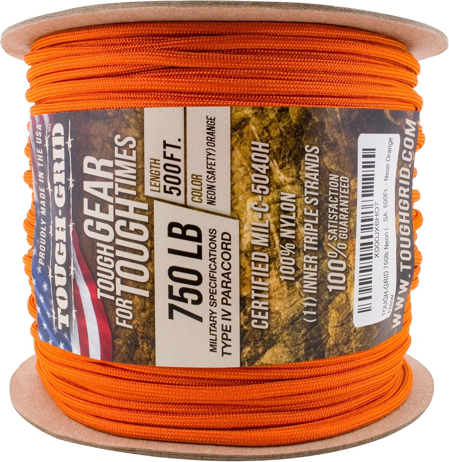 TOUGH-GRID 750 Paracord Rope Nylon Parachute Cord, Made in USA Survival Kit, Outdoor Adventures, Camping, Tactical Gear & Emergency Supplies, Military Type IV Mil-Spec