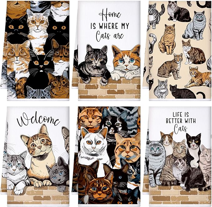 Bencailor 6 Pcs Cat Kitchen Towels Cute Cat Dish Hand Towels Farm Animal Tea Washcloth for Bathroom Kitchen Fall Autumn Farmhouse Decor 24 x 16''