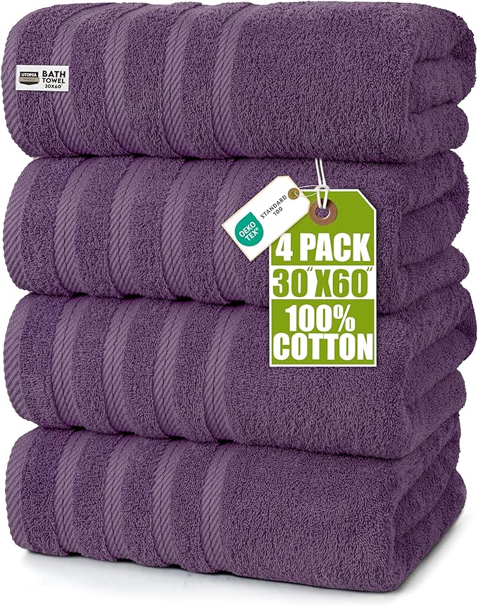 Utopia Towels 4 Pack Premium Extra Large Bath Towels Set, (30 x 60 Inches) 100% Ring Spun Cotton, Lightweight and Highly Absorbent Quick Drying Towels, Perfect for Daily Use (Plum)