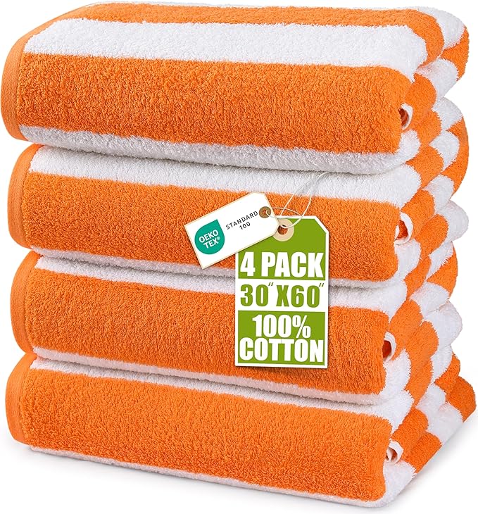 Utopia Towels 4 Pack Cabana Stripe Beach Towel, 30 by 60 Inches, Oversized 100% Ring Spun Cotton Pool Towels, Highly Absorbent Quick Dry Bath Towels for Beach, and Swim, Orange