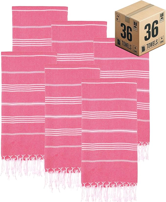 Turkish Beach Towels, Bulk Case of 36 | Oversized, Quick Dry, Sand Free | 100% Cotton, Large 38x71 Towels for Beach, Pool, Travel | Ultra-Soft, Compact, Absorbent | Fuchsia
