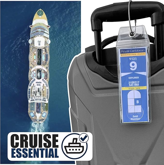 Cruise On Royal Caribbean Cruise Luggage Tag Holder (4 Pack) – Fits All Royal Caribbean Ships, Durable Travel ID Holders for 2026-2027 Cruises, Clear Waterproof Cruise Essentials