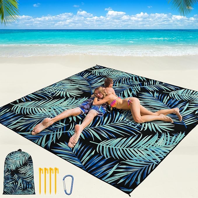 Beach Blanket Waterproof Sandproof Beach Mat 79" X 83"/10'x9'for 2-8 Adults Quick Drying Outdoor Picnic Mat Beach Accessories for Travel, Camping, Hiking