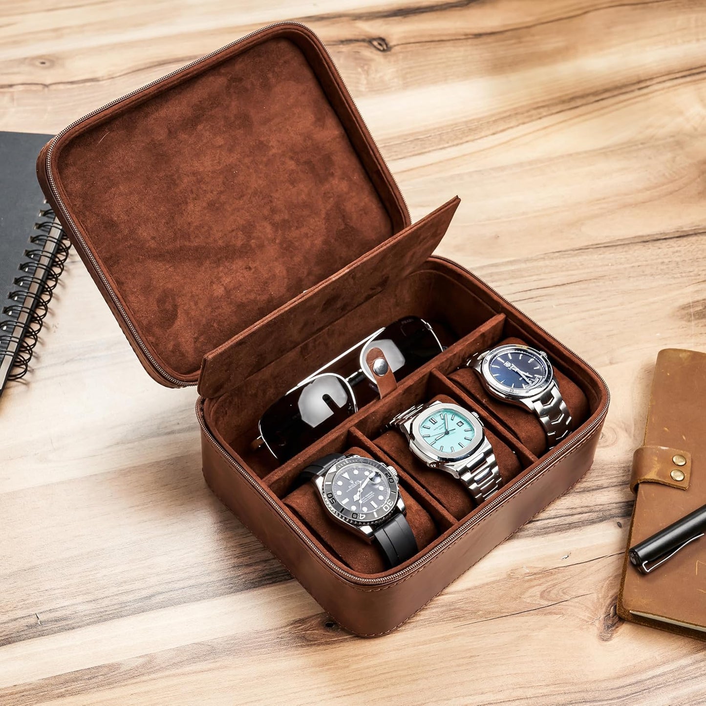 Awesometik 3 Slot Luxury Travel Faux Leather Watch Case. Watch Storage Organizer. Watch Display & Watch Holder. Perfect For Watch Collection. Ready to Gift for Men (3 Slot Watch Case)