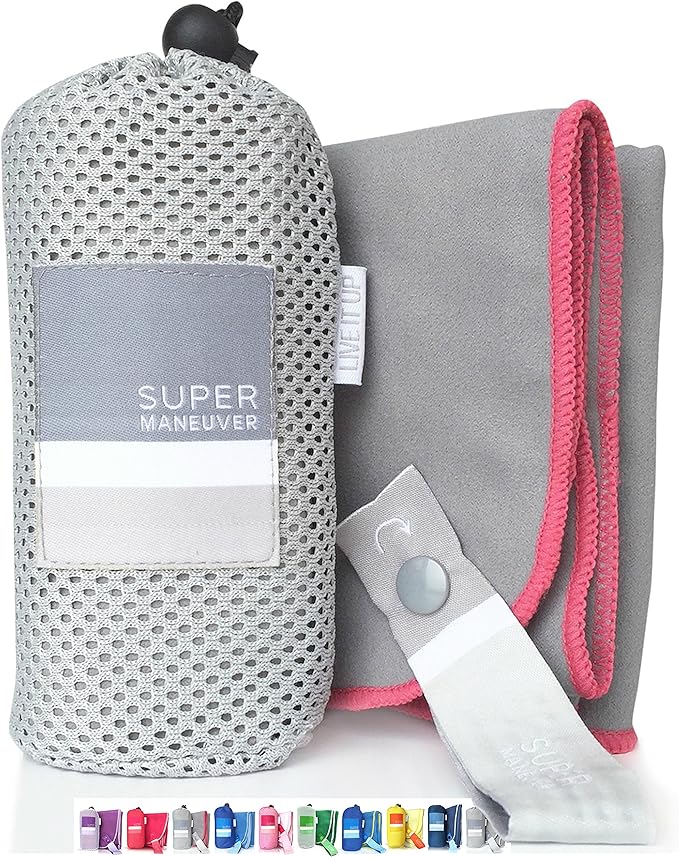 Super Towel for Sports, Travel & Beach — Lightweight, Compact, Absorbent, Quick-Dry, Soft Microfiber Suede — For Hiking, Gym, Beach, Yoga, Swimming, and Adventures (Gray+Pink, M (40x20"))