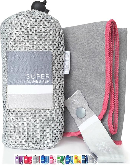 Super Towel for Sports, Travel & Beach — Lightweight, Compact, Absorbent, Quick-Dry, Soft Microfiber Suede — For Hiking, Gym, Beach, Yoga, Swimming, and Adventures (Gray+Pink, M (40x20"))