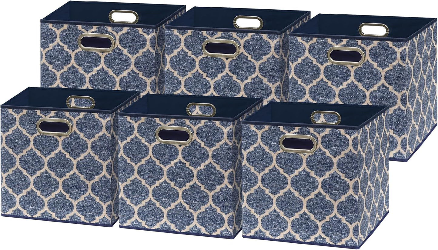 SIMPLE HOUSEWARE 11-Inch Collapsible Fabric Cube Storage Bin with Handles, Printed Design, 6 Pack, Steel Blue