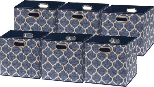 SIMPLE HOUSEWARE 11-Inch Collapsible Fabric Cube Storage Bin with Handles, Printed Design, 6 Pack, Steel Blue