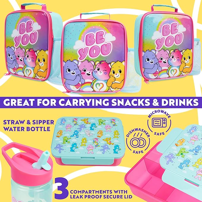 Get Trend Care Bears Lunch Bag, Lunch Box, Water Bottle for Kids 3 Piece Set Bento Box, Insulated Snack Container, Meal Holder Gifts for Kids (Multi Care Bears)