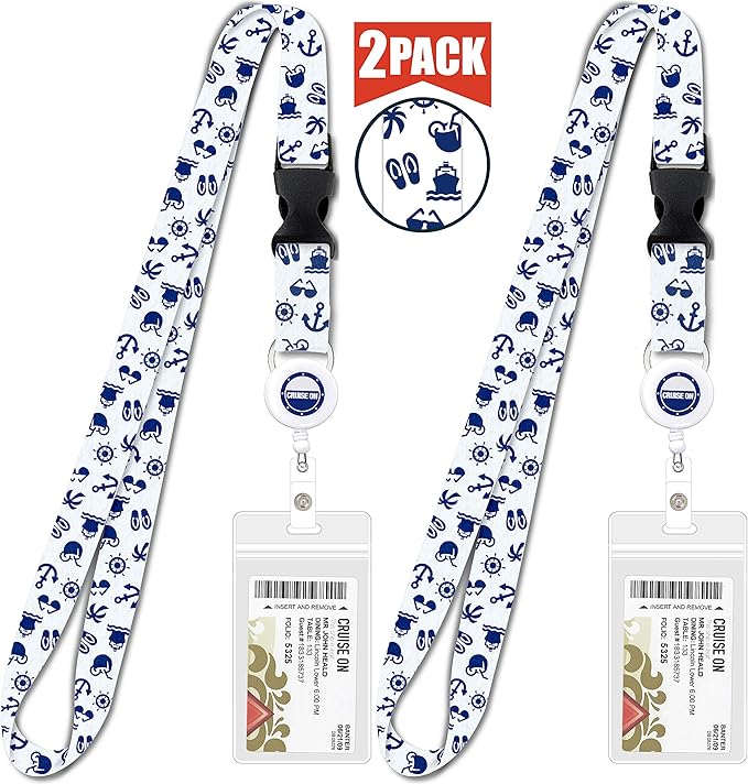 Cruise On Cruise Lanyard for Ship Cards – 2-Pack Retractable Badge & Waterproof Key Card Holder for Ship Cards – Cruise Essentials 2026-2027, Perfect for Travel & Vacation (White & Navy)