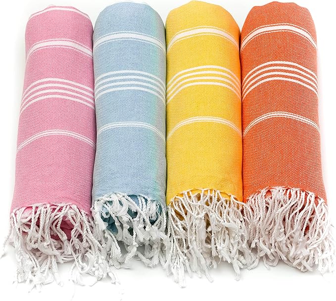 HAVLULAND Set of 4 Turkish Cotton Beach Towels, 71x39, Multi 4, Quick-Dry, Absorbent, Lightweight, Sand-Free, Travel-Friendly, Perfect for Beach, Pool, Spa, Gym, Yoga, Camping, Picnic