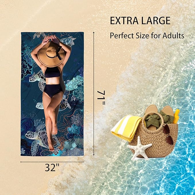 Sea Turtle Oversized Sand Free Beach Towel – 71"X32" Lightweight Quick Dry Microfiber Terry Towel For Travel, Swimming, Pool, And Camping, Absorbent And Compact Beach Essential For Women And Men