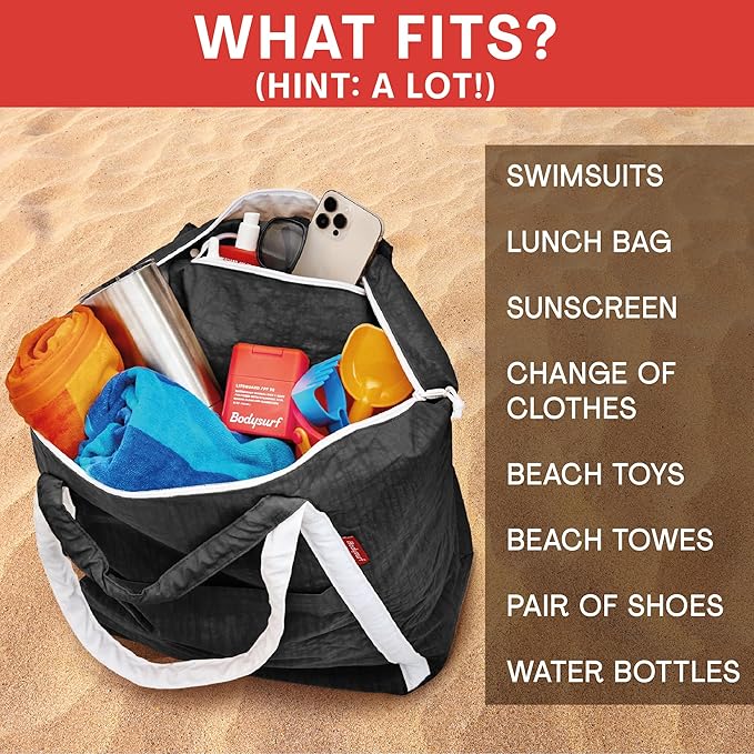 Bodysurf Beach Bags Waterproof Sandproof - Packable Foldable Nylon Zipper Tote Bag for Travel Lightweight, Pool, Boat, Cruise