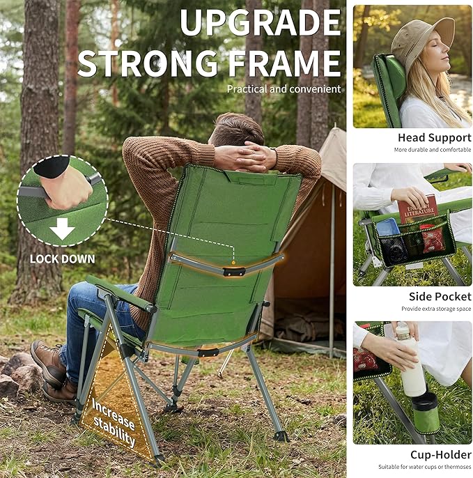 Folding Camping Chair with Cup Holder and Storage Bag, Heavy Duty Support 400 LBS, Oversized Collapsible Portable Adjustable Back Support Camping Chair for Outdoor (Adjustable-Green)