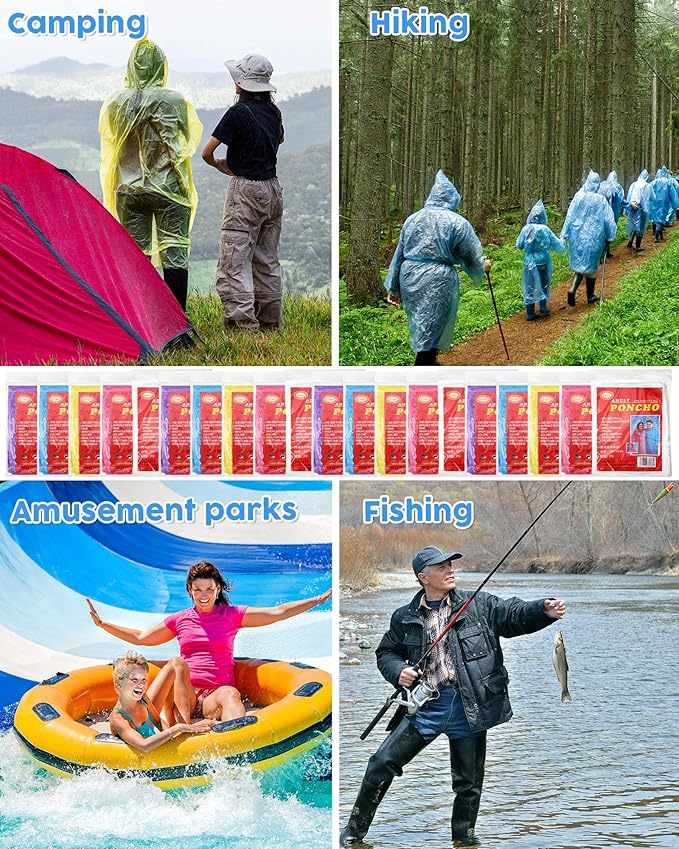 JaGely 80 Pack Disposable Adult Rain Ponchos Bulk Wedding Family Travel Theme Parks Homeless Hooded Elastic Outdoor Raincoat(Multicolor)