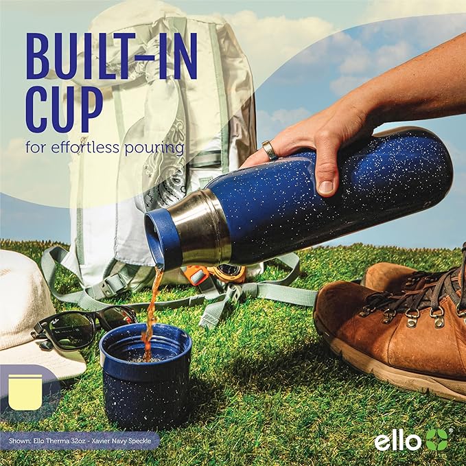 Ello Therma 32oz Insulated Stainless Steel Thermos for Hot & Cold Beverages with Leak Proof Lid & Built-in Cup, Triple Wall Insulation, Hot 24 Hrs, Perfect for Coffee,Tea, Dishwasher Safe, Blue