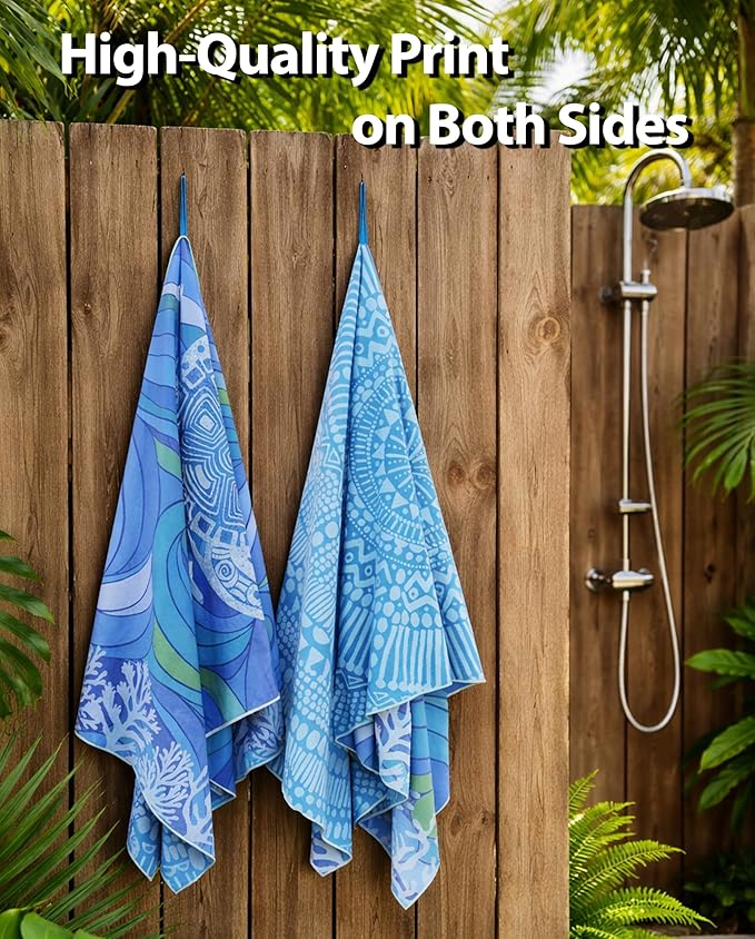 Microfiber Beach Towel Oversized 71X32" Thin, Reversible, Large, Lightweight, Quick Dry, Sand Free, Absorbent, Swim, Pool, Cruise, Compact Travel Towel, Camping, Beach Blanket, Carry Bag, Turtle