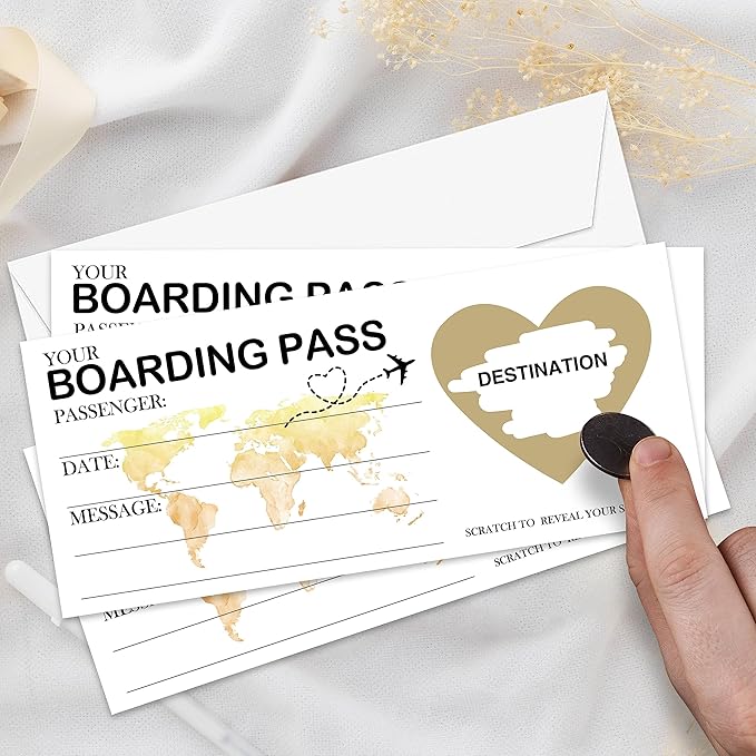 Scratch Surprise Boarding Pass, 1 Set Make Your Own DIY Travel Ticket, Surprise Reveal Card for Holiday, Christmas, Wedding, Birthday, Anniversary, Party Supply(3.5"x8" Gold)-A007