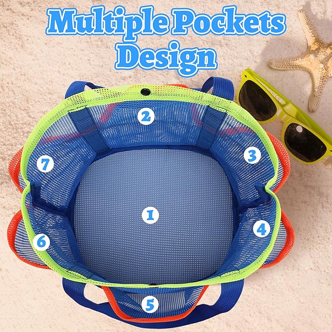 Mesh Beach Bag, Foldable Waterproof Sandproof Beach Storage Tote with 6 Pockets, Swim Tropical Vacation Pool Essential