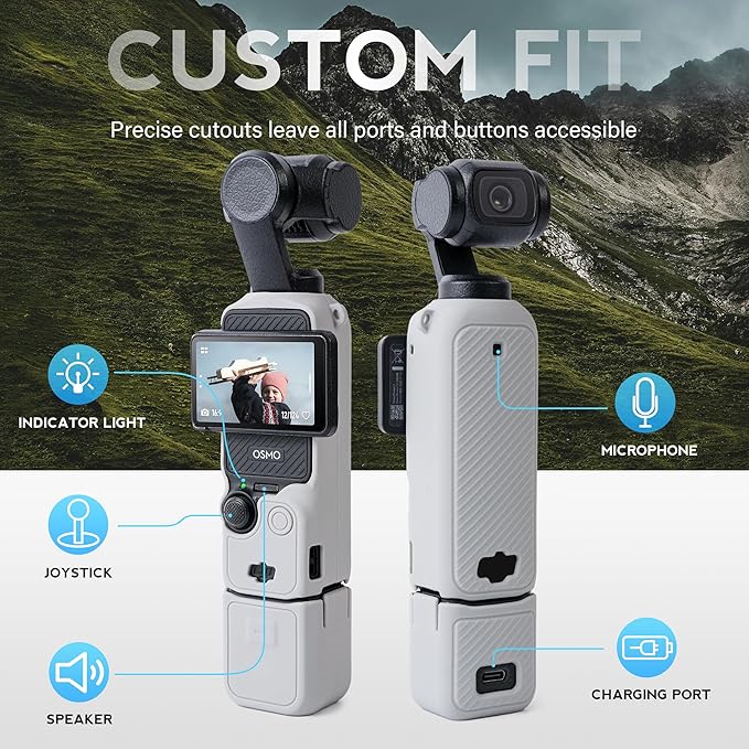 Protective Case for DJI Osmo Pocket 3 / Xtra Muse Camera, Soft Silicone Grip Cover with Screen Protection & Mic, Lightweight, Anti-Scratch, for Travel, Vlogging, Daily Filming – Grey
