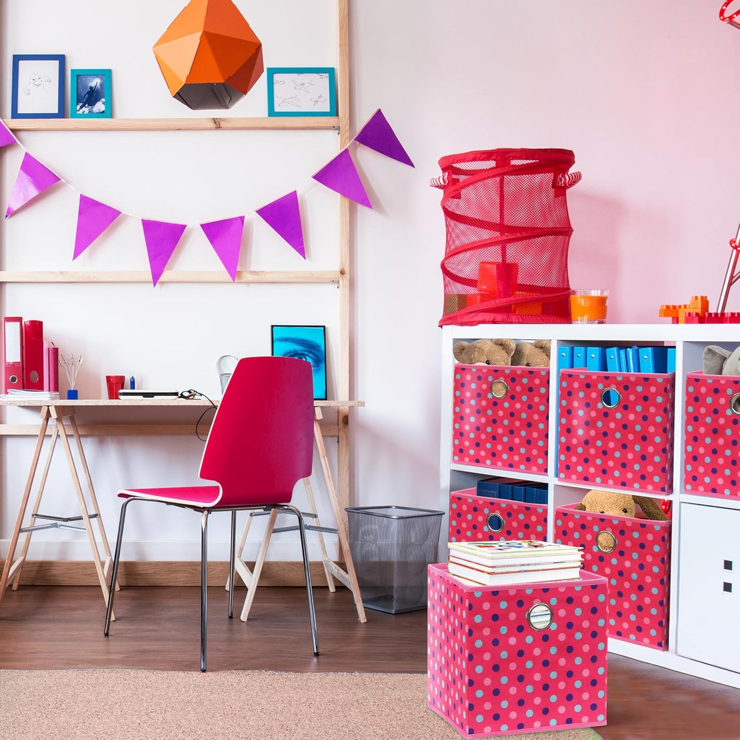 SIMPLE HOUSEWARE 10-Inch Collapsible Fabric Cube Storage Bin with Handles, Printed Design, 6 Pack, Pink