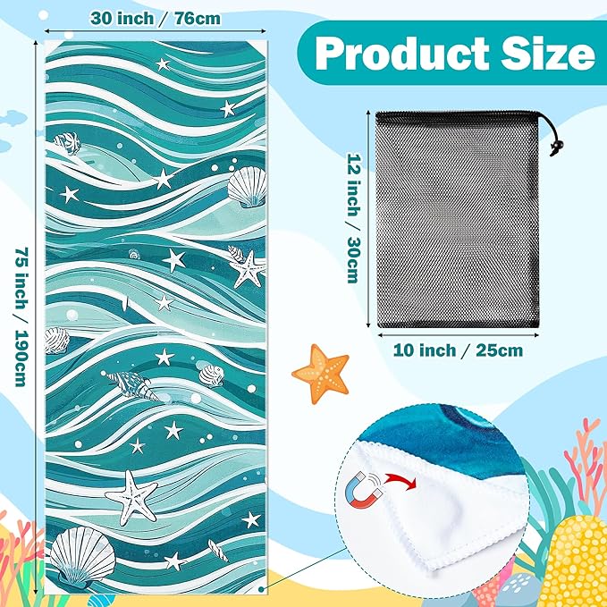 Wave Magnetic Beach Towel - 74.8"x30" Sand Free Quick Dry Microfiber Towel with Built-in Magnets Lightweight for Beach Chair Car Door Pool Travel Camping Yoga with Storage Bag