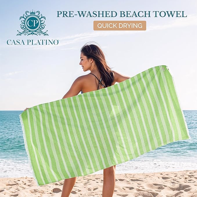Casa Platino Turkish Style Beach Towel, 39"x71" Extra Large Pre-Washed Lightweight Pool Towel, Quick Dry and Sand Free for Everyday Use at The Beach or While Traveling Comfortably— Jade Lime