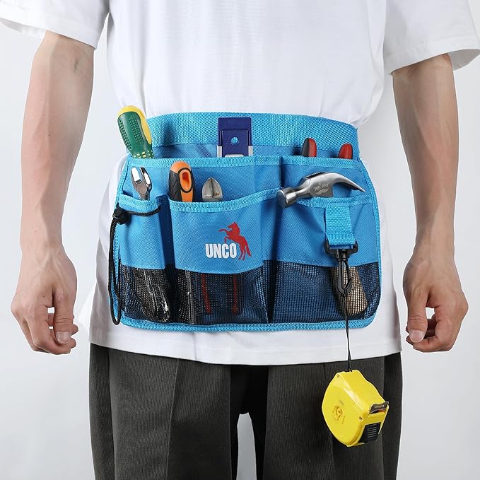 UNCO- Adjustable Gardening Belt, Blue, 5 Pockets, Wear, Cut and Water Resistant, Garden Tool Belt Pouch, Waist Apron with Pockets