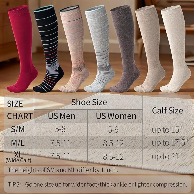Soft Cotton Compression Socks for Women Men 20-30mmHg - Knee High Support for Circulation, Nurses, Pregnancy, Travel