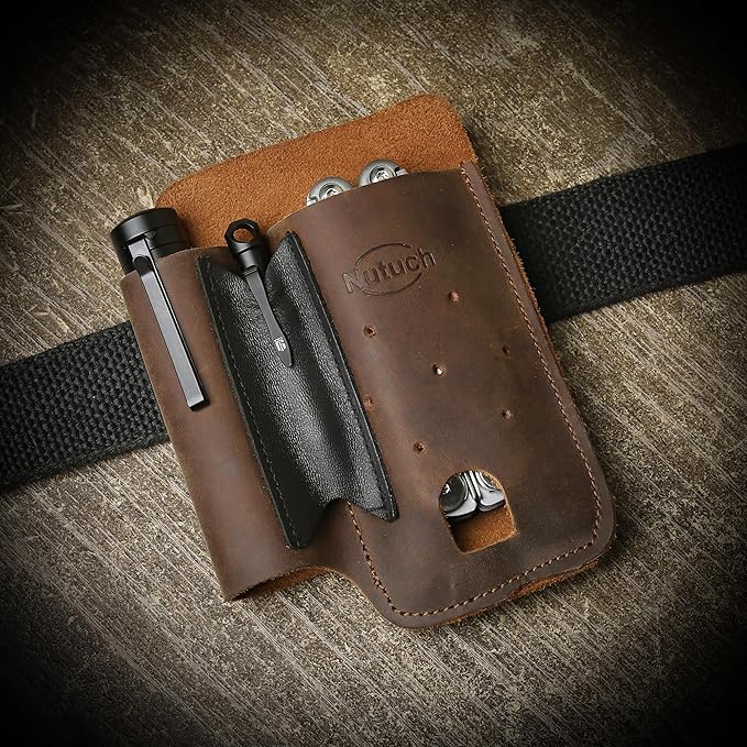 Leather EDC Multitool Sheath with Flip Closure | Leather EDC Belt Organizer | Flashlight Holster | Heavy Duty Multitool Organizer