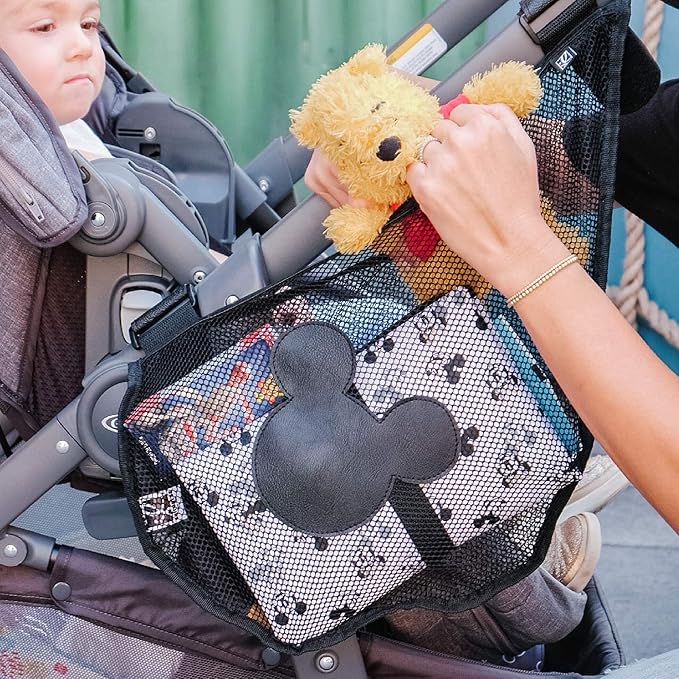 J.L. Childress Disney Baby Side Sling Stroller Cargo Net - Stroller Organizer Attachment for Storage, Mesh Bag for Baby Accessories, Universal Fit - Mickey, Black