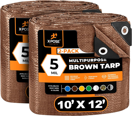 Multipurpose Protective Cover Brown Poly Tarp 10' x 12' (2-Pack) - Durable, Water Resistant, Weather Resistant - 5 Mil Thick Polyethylene - by Xpose Safety