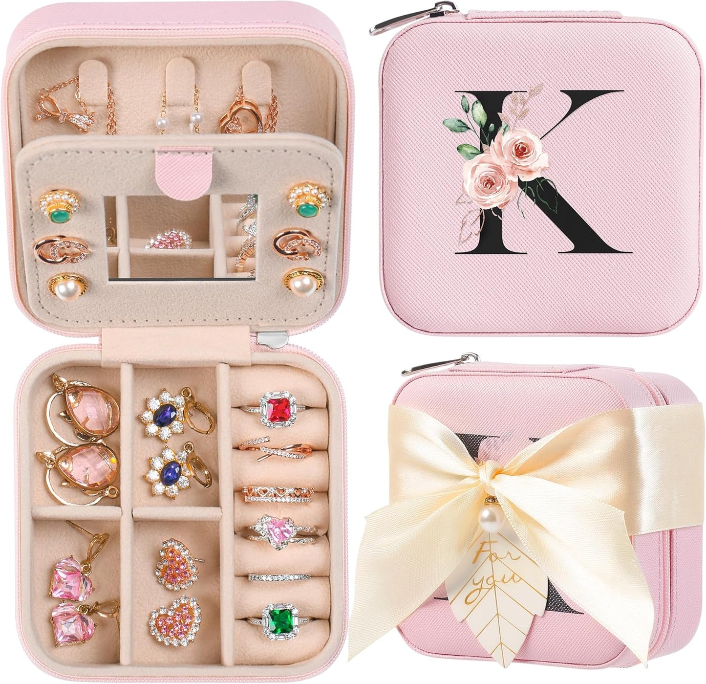 AYGXU Travel Jewelry Box for Women and Girls - Small Case With Initial A-Z - Teacher Gifts