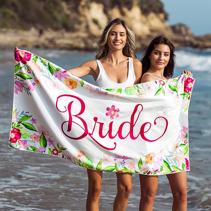 Bride Beach Towel - Large Travel Friendly Honeymoon Towel - Great for Bachelorette Pool Party and Beach Wedding Gift - 60"x30"