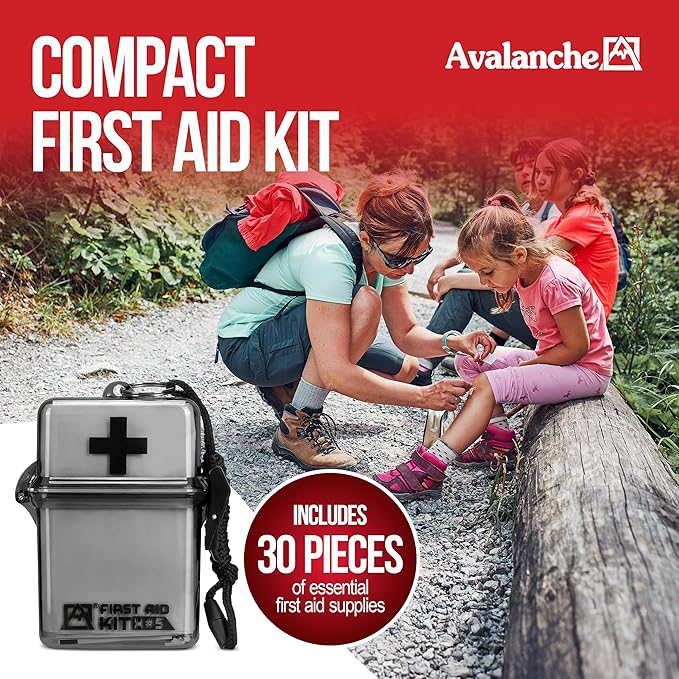 Avalanche Mini First Aid Kit, 30 Pcs Emergency Supplies Kit in Waterproof Case for Home, Car, Travel, Sports or Camping, First Aid Kit in Hard Case & Carabiner, Gray