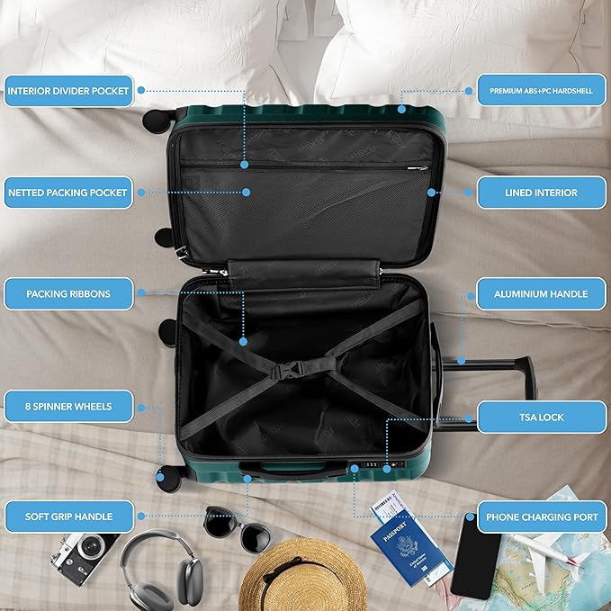 Flight Knight 24x16x10 Expandable Carry On Suitcase Hardside TSA Lock USB C Lightweight Luggage Silent Double Spinner Wheels Maximum Overhead Carry-On Bag Virgin South West Approved Forest Green