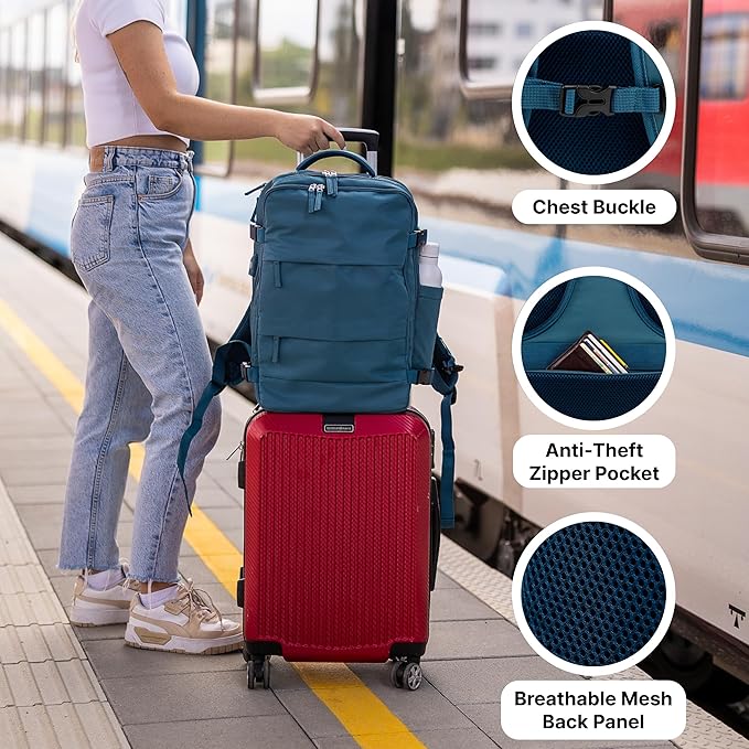 (Not Made In China) Travel Backpack For Men and Women, Airline Approved Carry On Bag w/Shoe Compartment, Holds 15.6" Laptop, USB Charging Port (Columbus, Peacock Blue, 2 Pack)